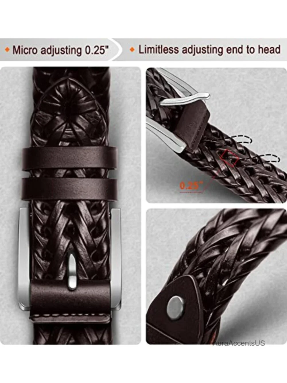 Men's Genuine Leather Braided Woven Holeless Belt with Buckle - Adjustable
